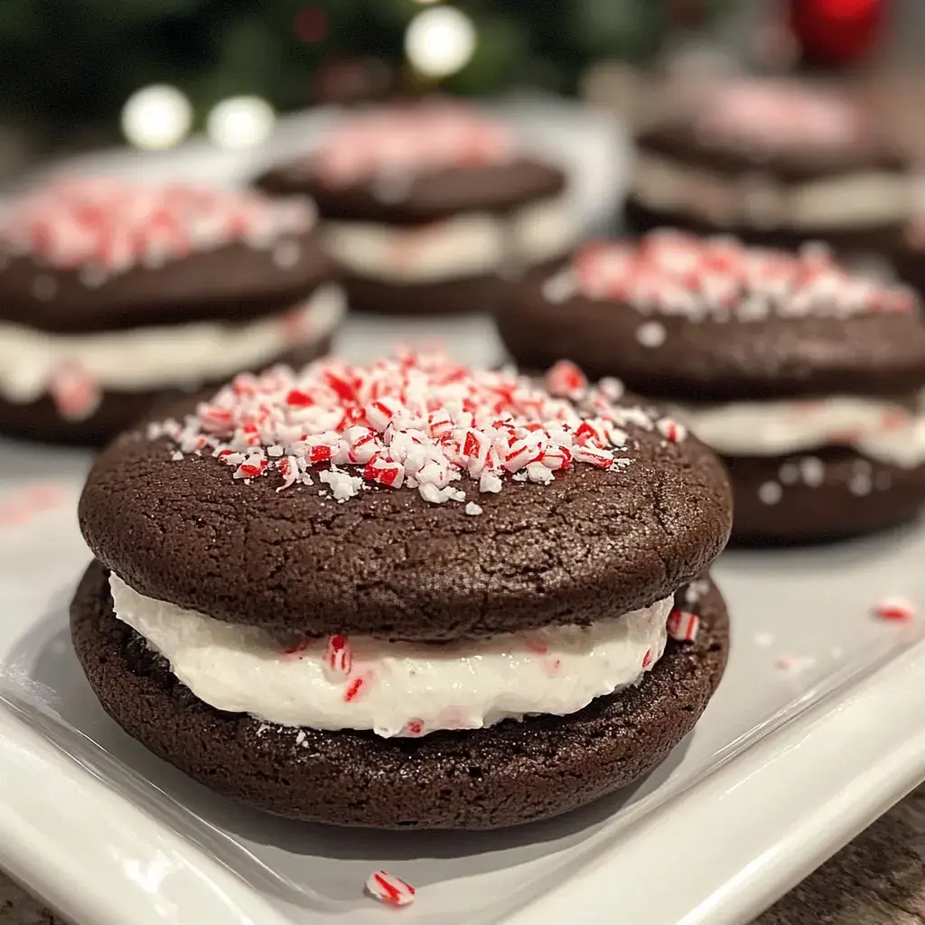 Gros plan sur des whoopies au chocolat fourrés de crème et parsemés de morceaux de bonbons à la menthe, le tout présenté sur une assiette blanche.