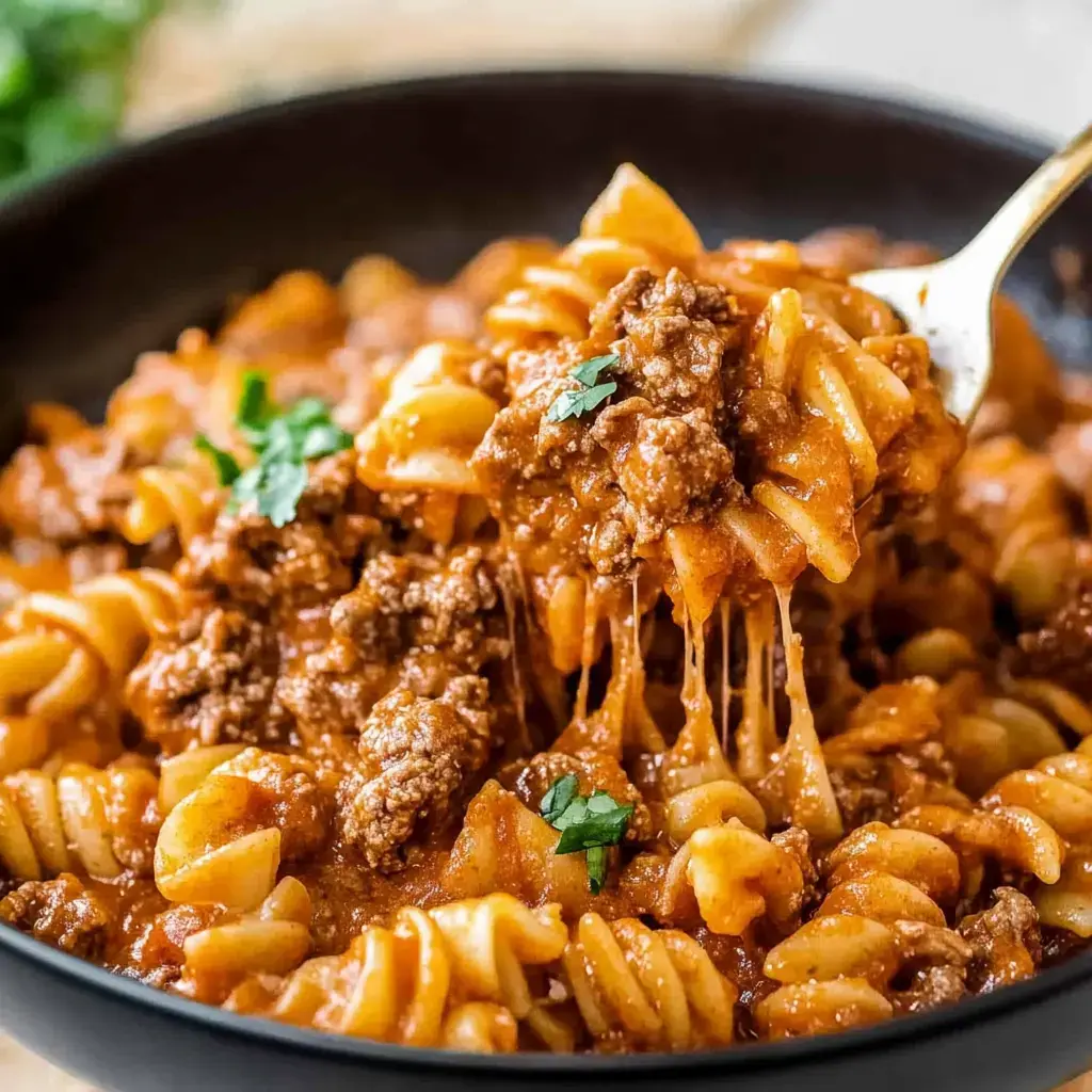 Une portion de pâtes en spirale mélangées avec de la viande hachée dans une riche sauce tomate, garnie d'herbes fraîches, montrée soulevée d'un bol noir.