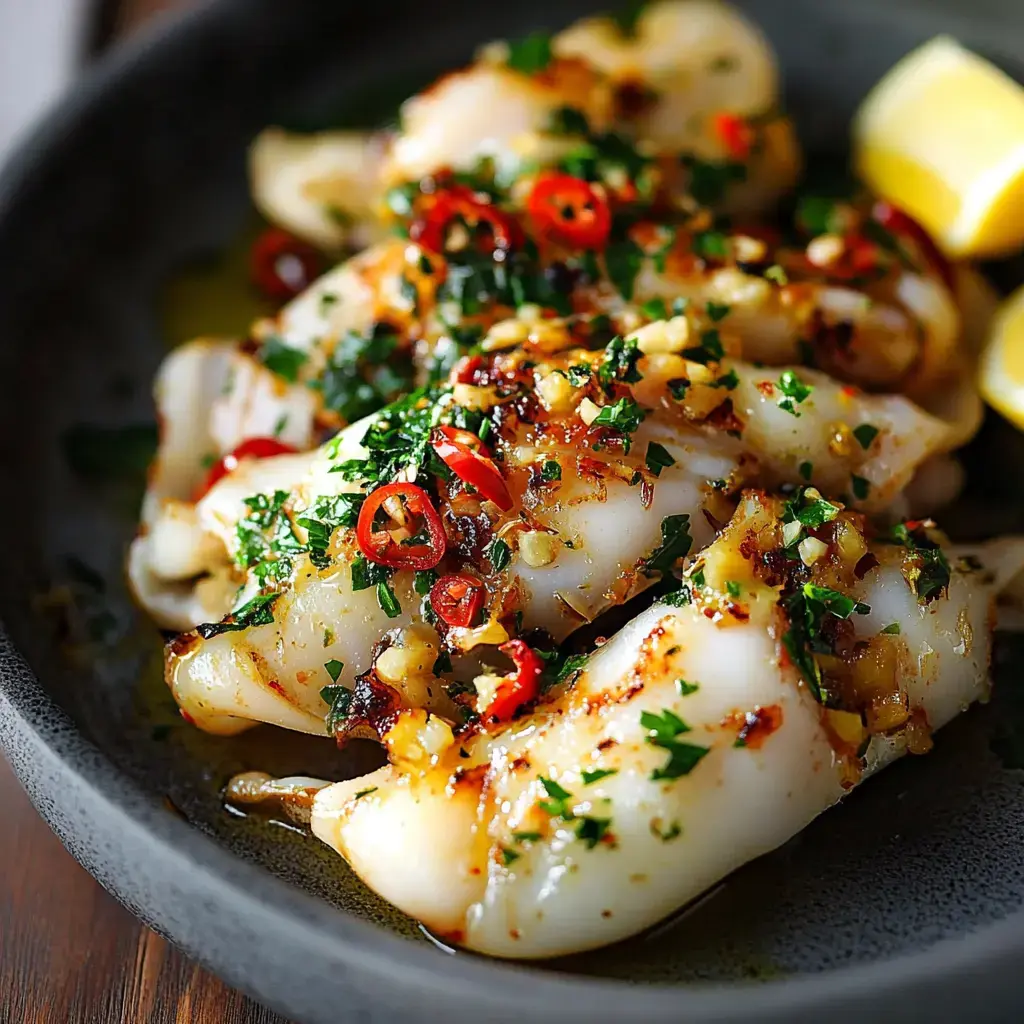 Des calmars grillés garnis d'herbes hachées, d'ail et de piments rouges, servis avec des quartiers de citron sur une assiette sombre.