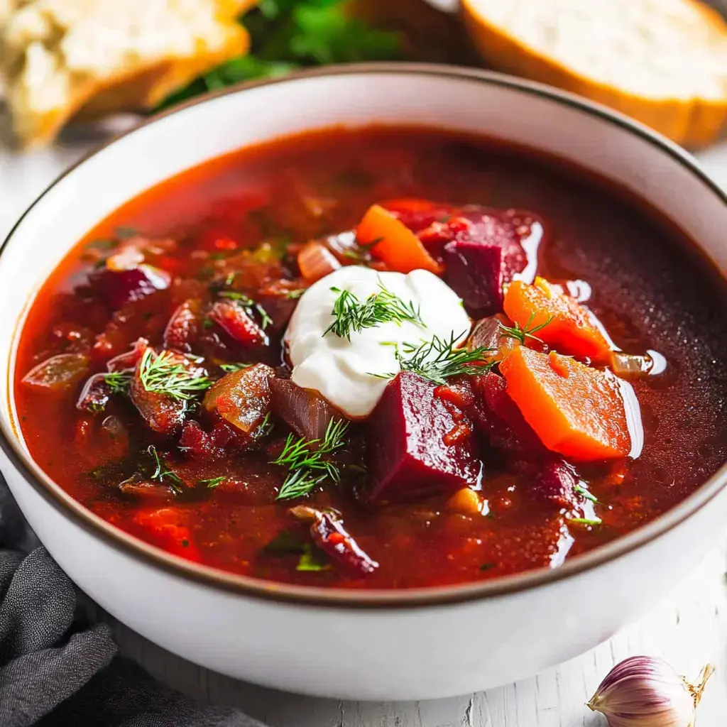 Un bol de soupe rouge vif garni de crème fraîche et d'aneth frais, accompagné de tranches de pain et d'une gousse d'ail.