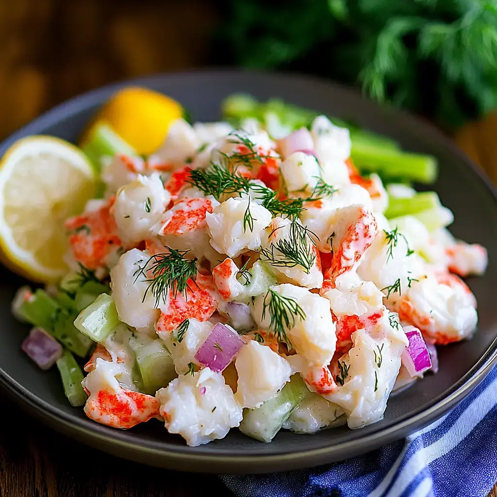 Une assiette de salade de fruits de mer avec des morceaux de poisson blanc, de homard, de céleri et d'oignon rouge, garnie d'aneth frais et servie avec des quartiers de citron.