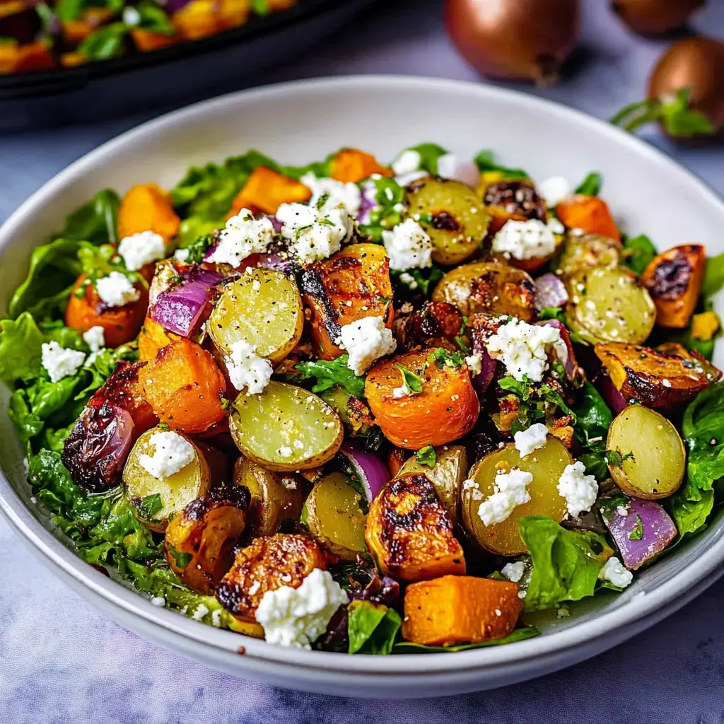 Une salade colorée composée de légumes rôtis, incluant des carottes oranges et violettes, des raisins et du fromage émietté, servie sur un lit de verdure fraîche.