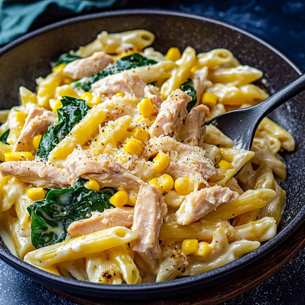 Un bol de pâtes crémeuses avec des penne, du poulet effiloché, du maïs et des épinards, garni de fromage et de poivre.