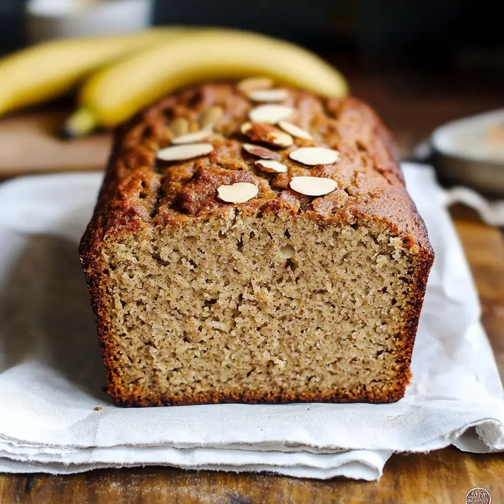 Un pain à la banane fraîchement cuit est présenté sur un linge, garni d'amandes effilées, avec des bananes en arrière-plan.