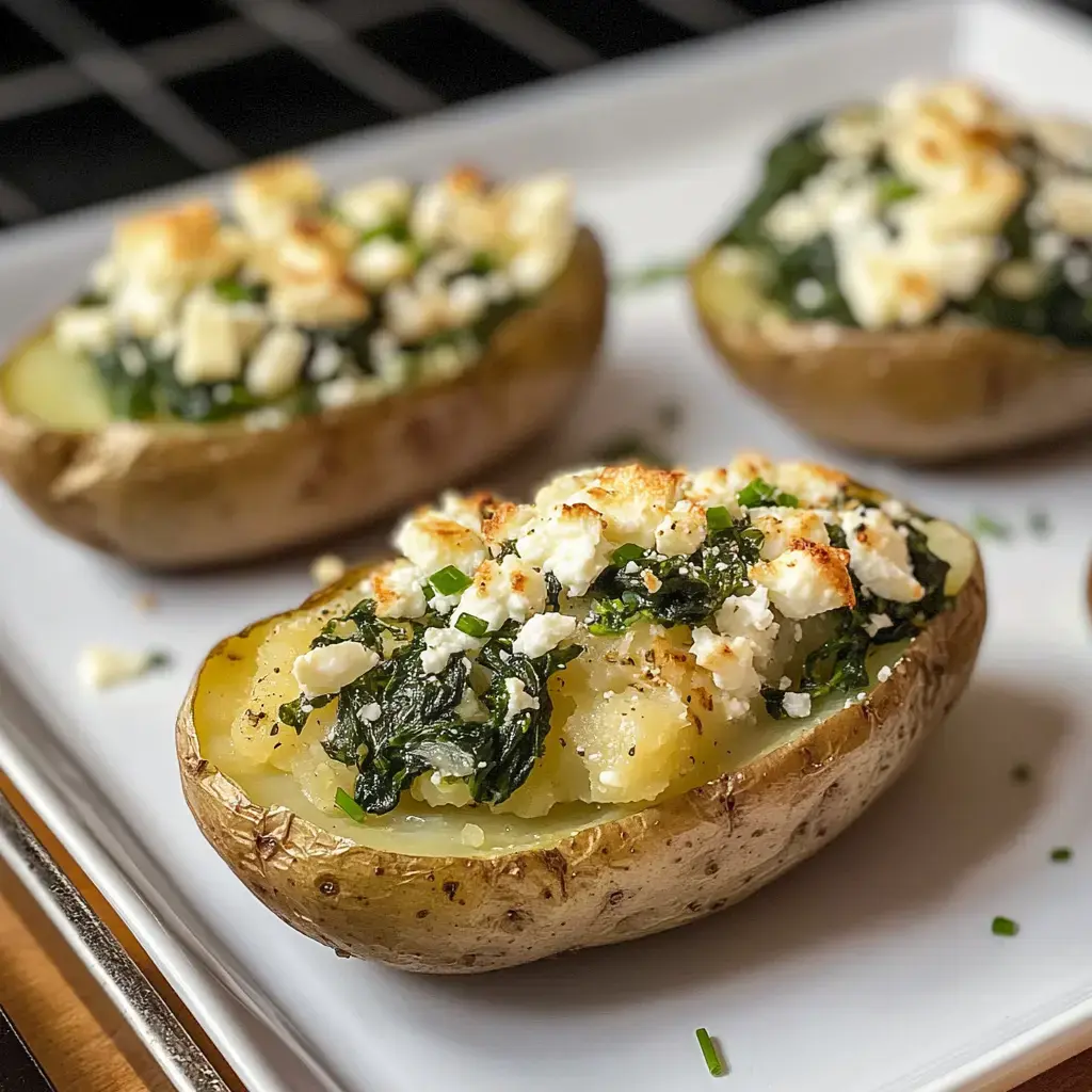 Des pommes de terre cuites garnies d'épinards sautés et surmontées de feta émiettée, servies sur une assiette blanche.