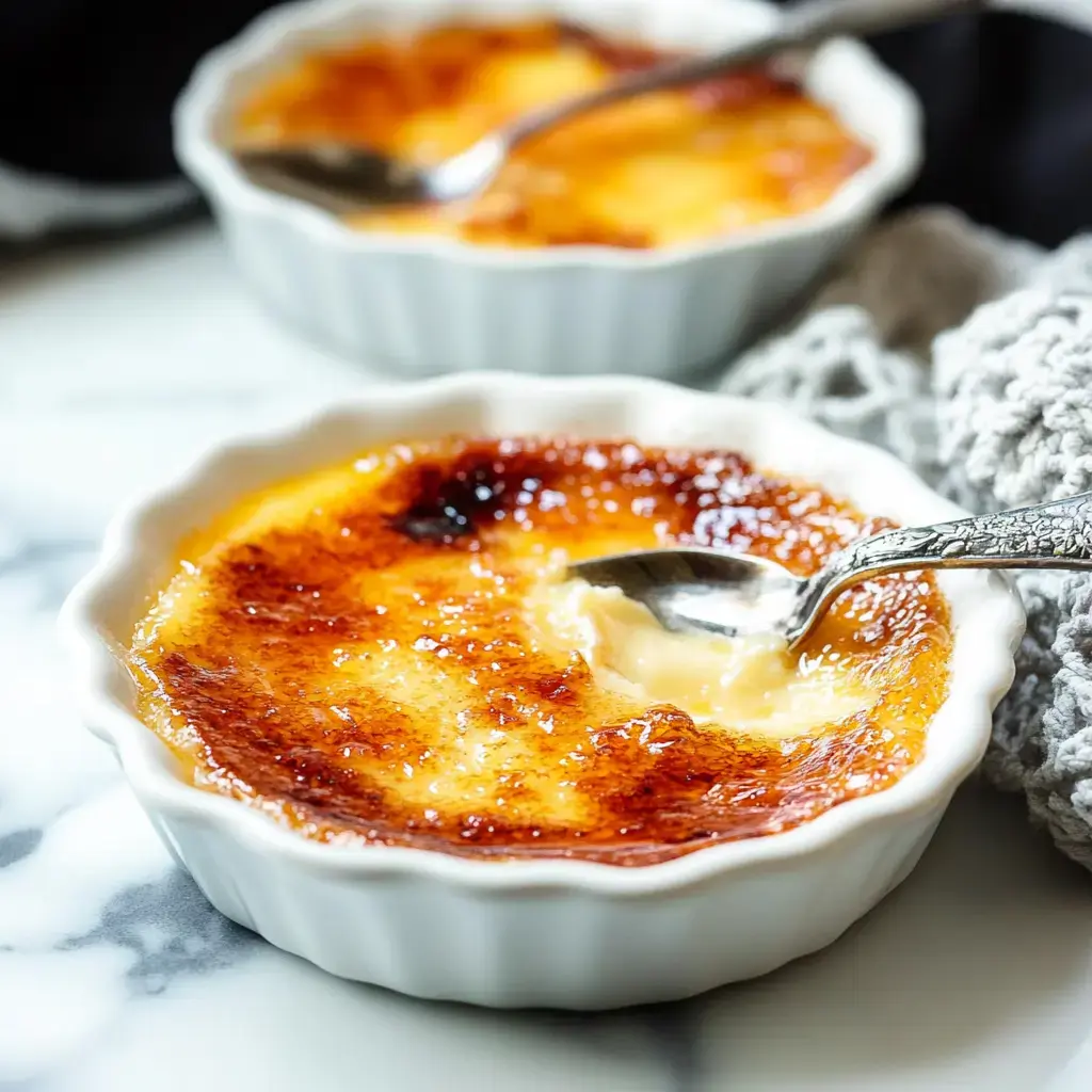 Deux ramequins blancs de crème brûlée, l'un avec une cuillère posée dessus et une portion déjà prélevée, placés sur une surface en marbre.