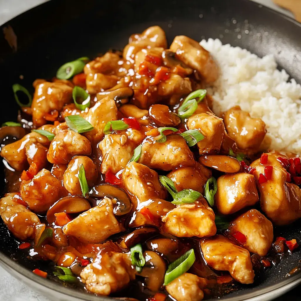 Une vue rapprochée de morceaux de poulet dans une sauce savoureuse avec des oignons verts et poivrons rouges tranchés, servis avec du riz blanc moelleux dans une poêle noire.