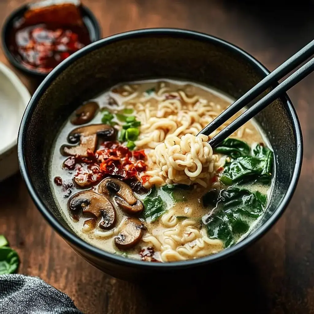 Un bol de ramen avec des nouilles, des champignons, des épinards et des flocons de piment, tenu avec des baguettes.