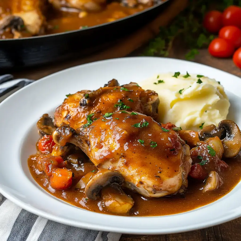 Une assiette de cuisses de poulet nappées d'une sauce savoureuse accompagnées de purée de pommes de terre et de légumes variés.