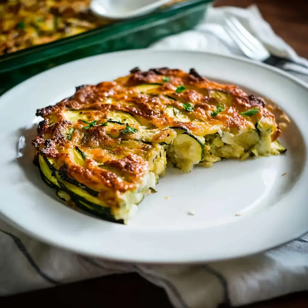 Un plat de courgettes tranché est servi dans une assiette, montrant un dessus doré et un intérieur crémeux.