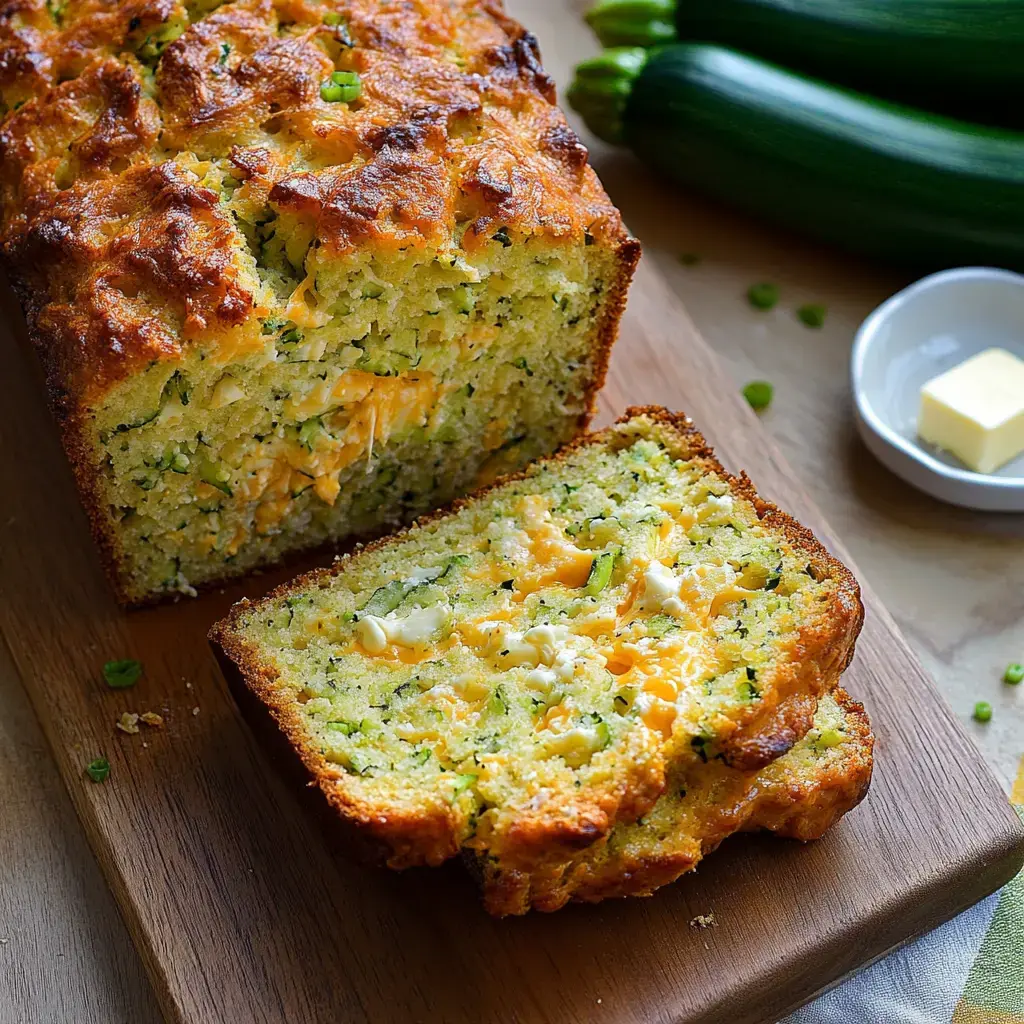 Une miche de pain courgette-cheddar est tranchée sur une planche en bois, révélant son intérieur moelleux avec des morceaux de fromage, accompagnée de courgettes fraîches et d'un petit bol de beurre.