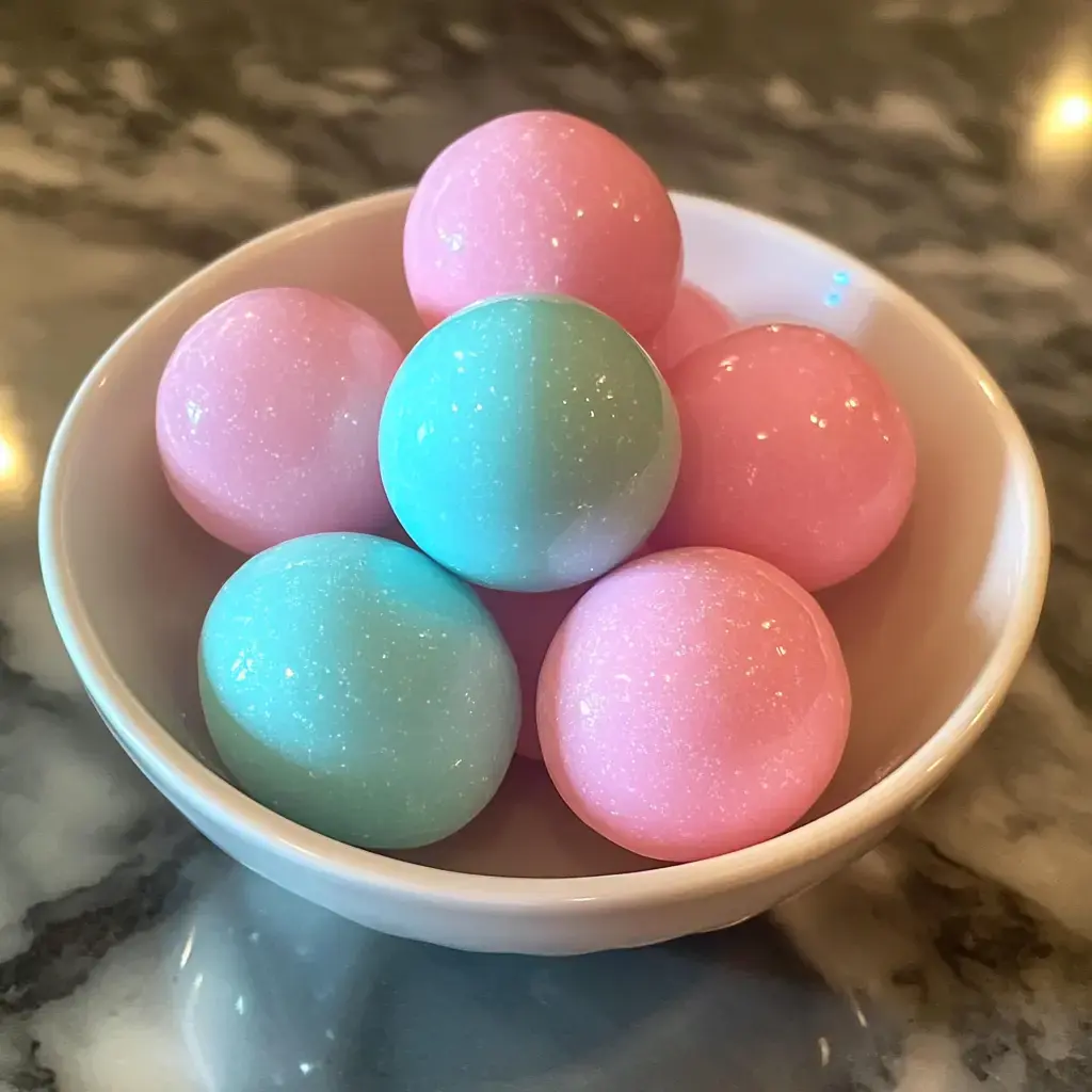 Un petit bol blanc rempli de jolies boules brillantes roses et bleues pastel disposées de manière ludique.