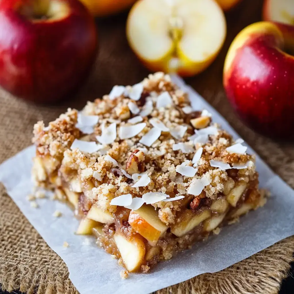 Une part de crumble aux pommes garnie de flocons de noix de coco, entourée de pommes fraîches sur une surface texturée.
