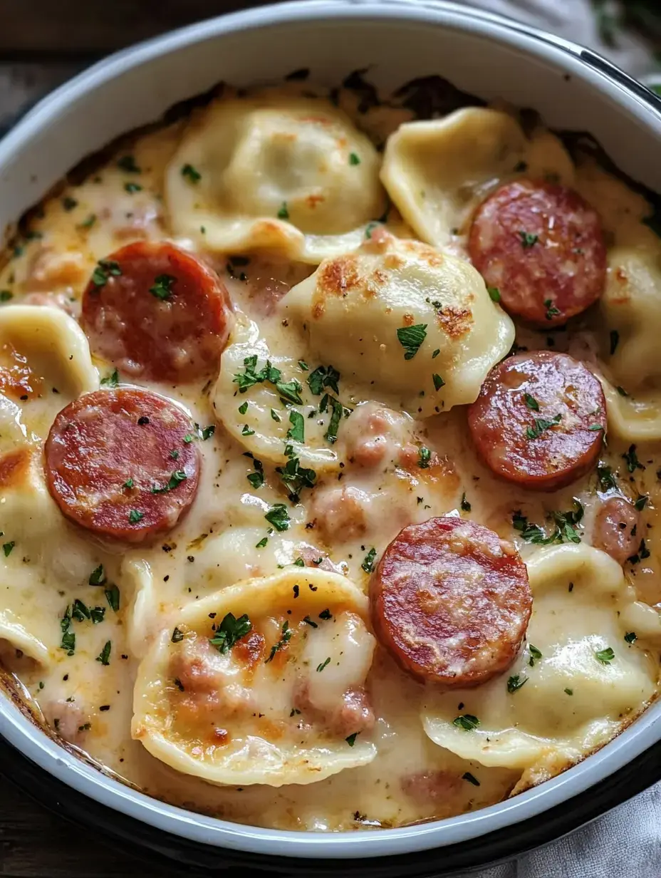 Un plat crémeux au four avec pâtes farcies, rondelles de pepperoni et persil en garniture.