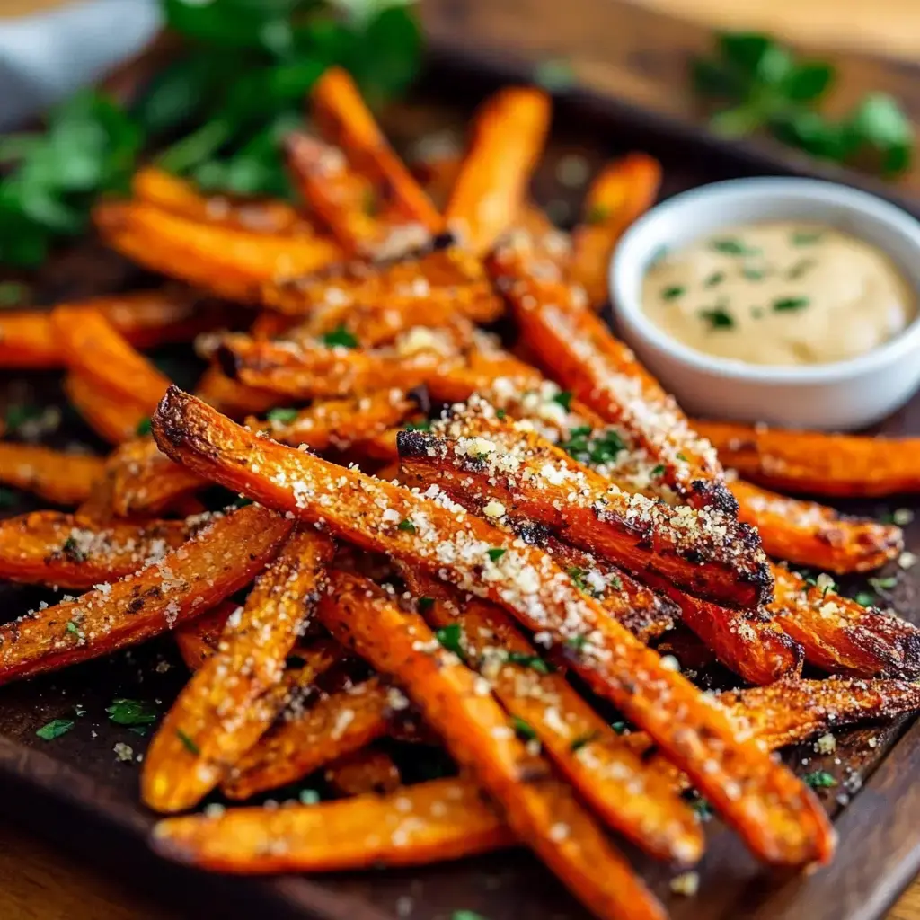 Une portion de frites de patates douces croustillantes et assaisonnées, garnies d'herbes et servies avec un petit bol de sauce à côté.