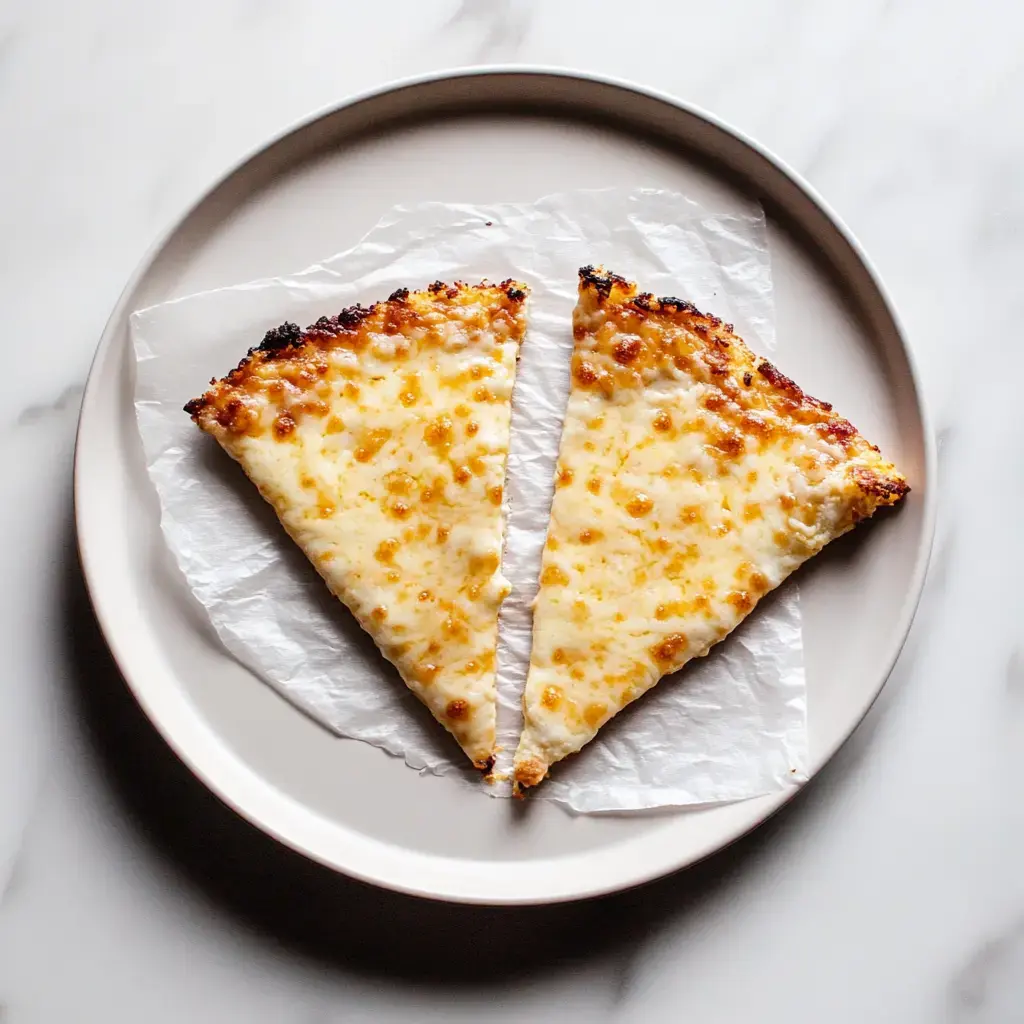 Deux parts de pizza au fromage sur une assiette ronde, posées sur du papier sulfurisé.