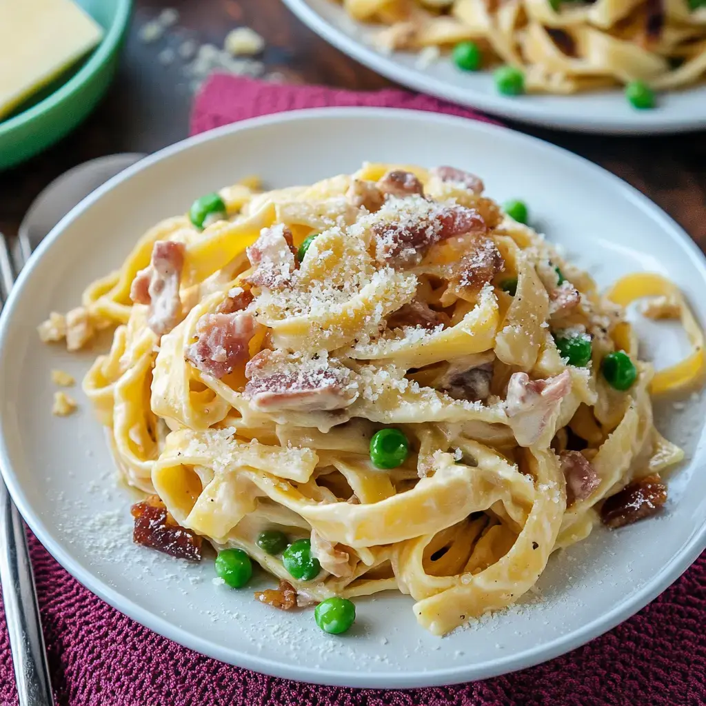 Une assiette de pâtes crémeuses avec du jambon, des petits pois et du parmesan râpé, servie sur un plat blanc avec une serviette violette en dessous.