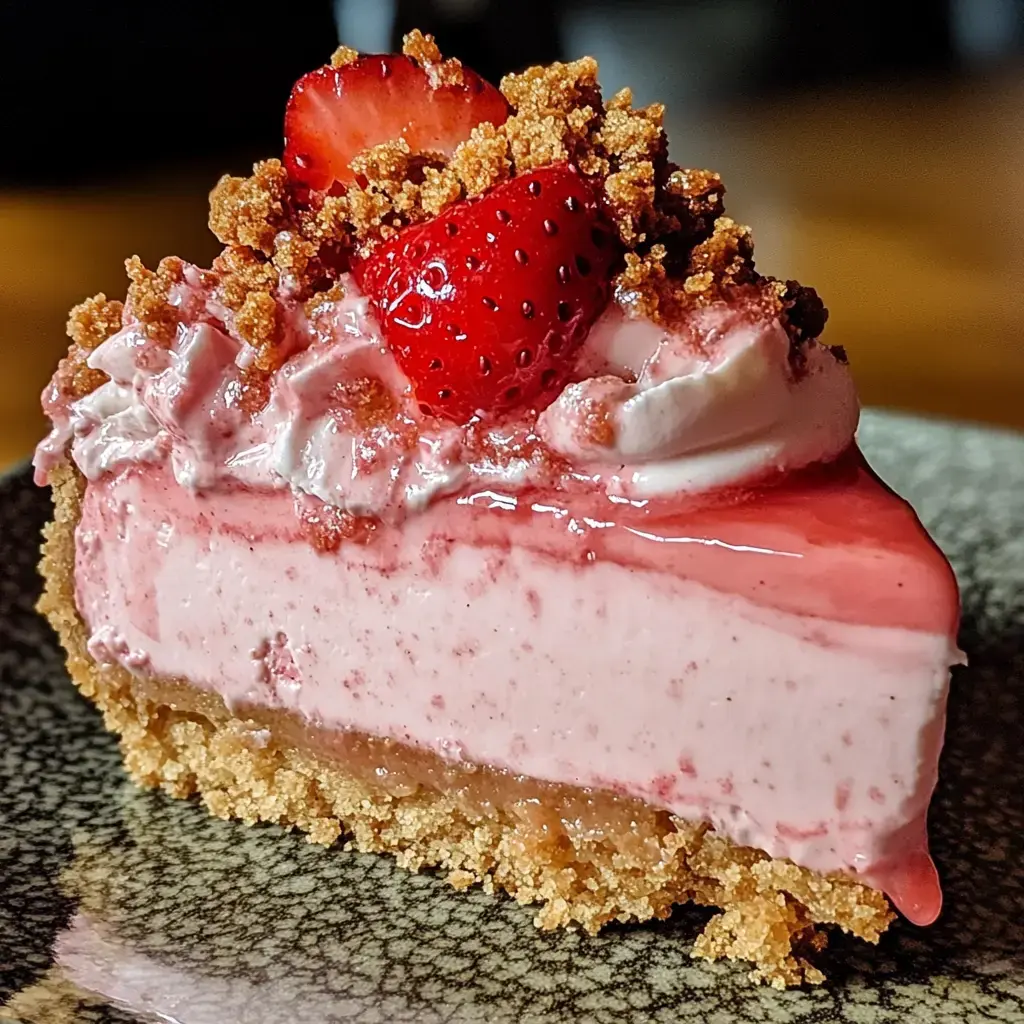 Portion de cheesecake à la fraise, miettes croquantes et fraises fraîches sur assiette foncée.