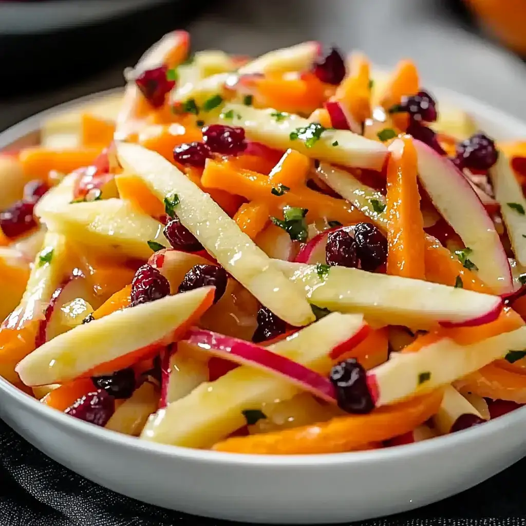 Une salade colorée préparée avec des pommes tranchées, carottes et canneberges, garnie d'herbes vertes, servie dans un bol blanc.