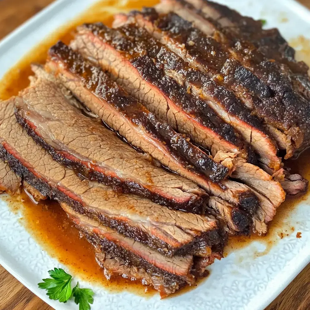 Tranches de brisket reposant dans une sauce savoureuse sur un plat blanc, garnies de persil.