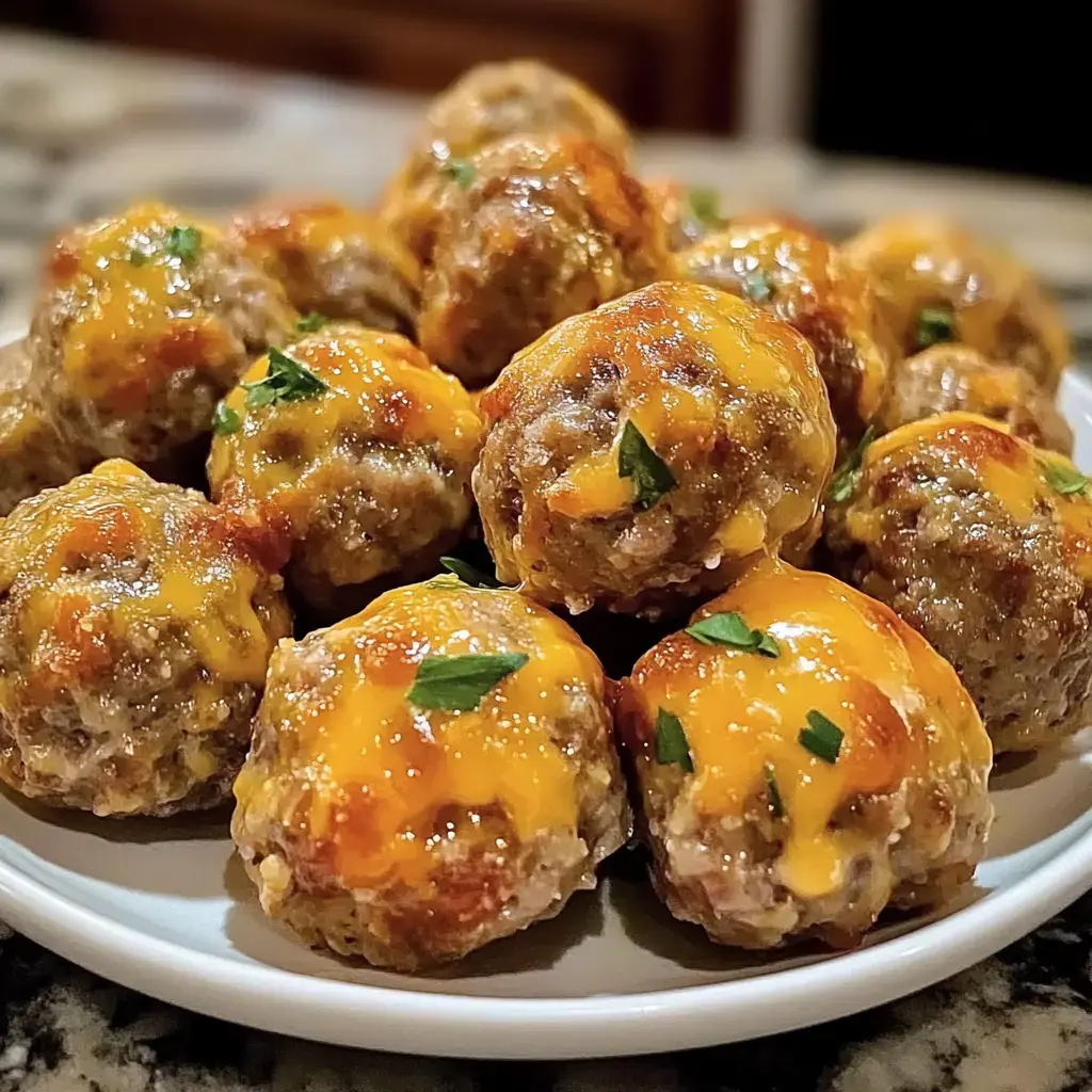 Une assiette de boulettes garnies de fromage fondu et de persil frais.