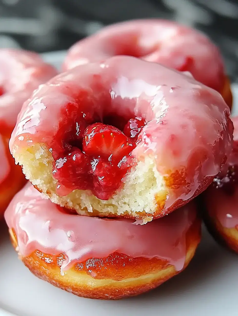 Pile de donuts glacés avec glaçage rose, un ouvert montre la garniture fraise.