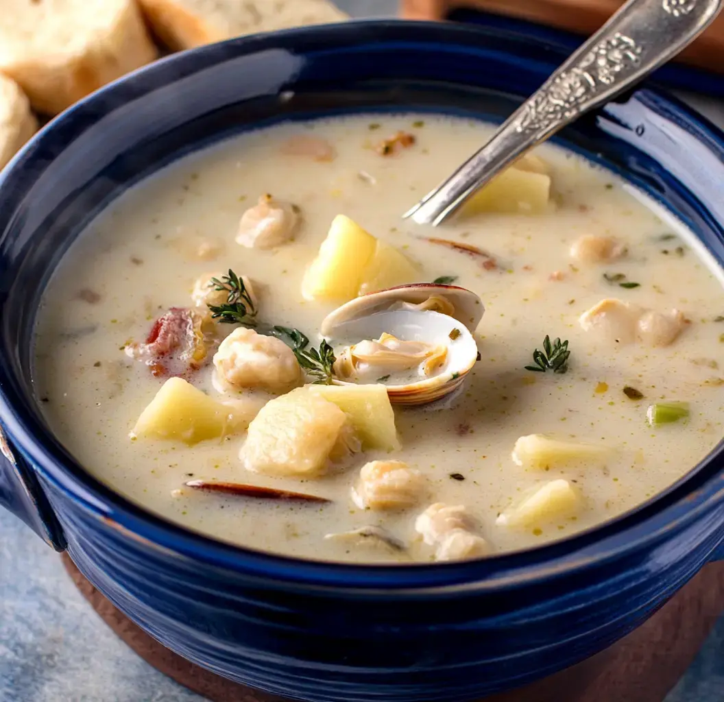 Un bol de soupe crémeuse aux palourdes avec pommes de terre, garni de thym, à côté de morceaux de pain.