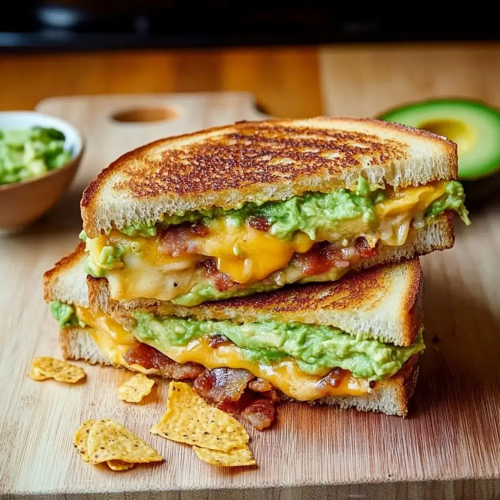 Un gros plan d'un sandwich grillé garni de fromage fondu, bacon et guacamole, servi sur une planche en bois avec des chips tortilla et un bol de guacamole en arrière-plan.