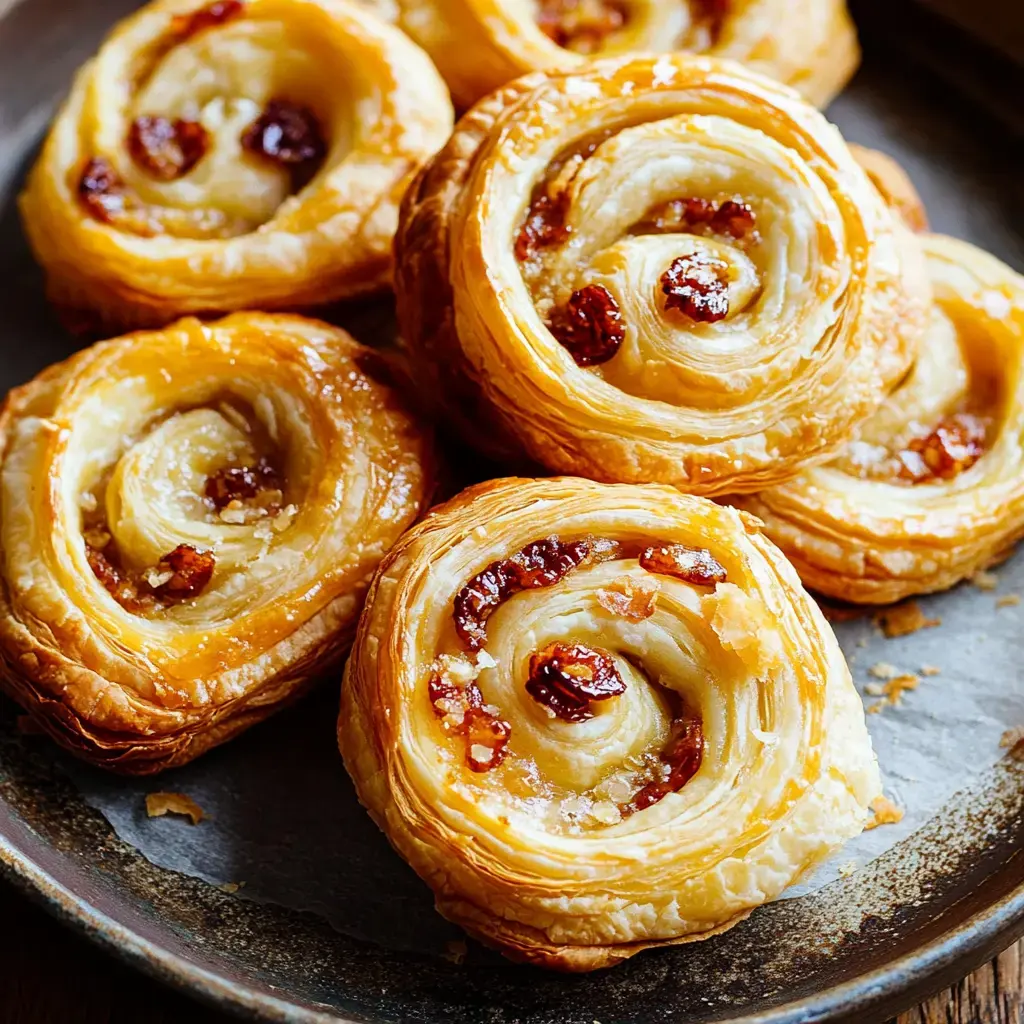Une assiette de tourbillons dorés fraîchement cuits, garnis de raisins secs.