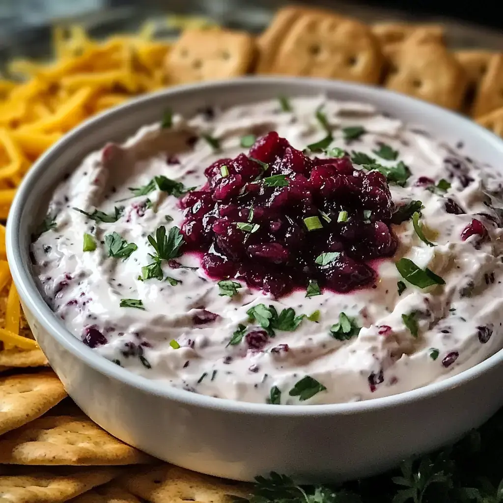 Un bol de tartinade crémeuse recouvert de cranberry et fines herbes, entouré de crackers et fromage râpé.