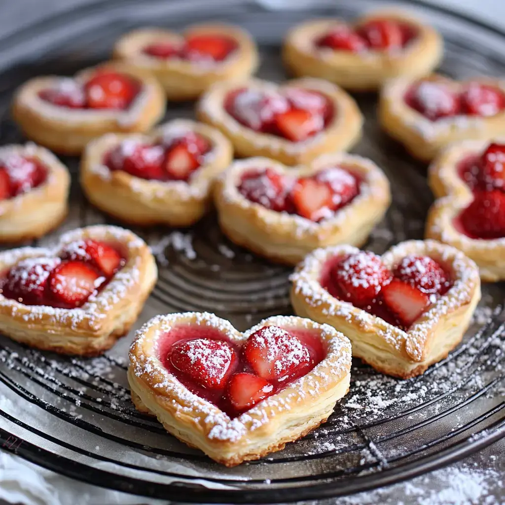 Une assiette de viennoiseries en forme de cœur garnies de fraises et saupoudrées de sucre glace.