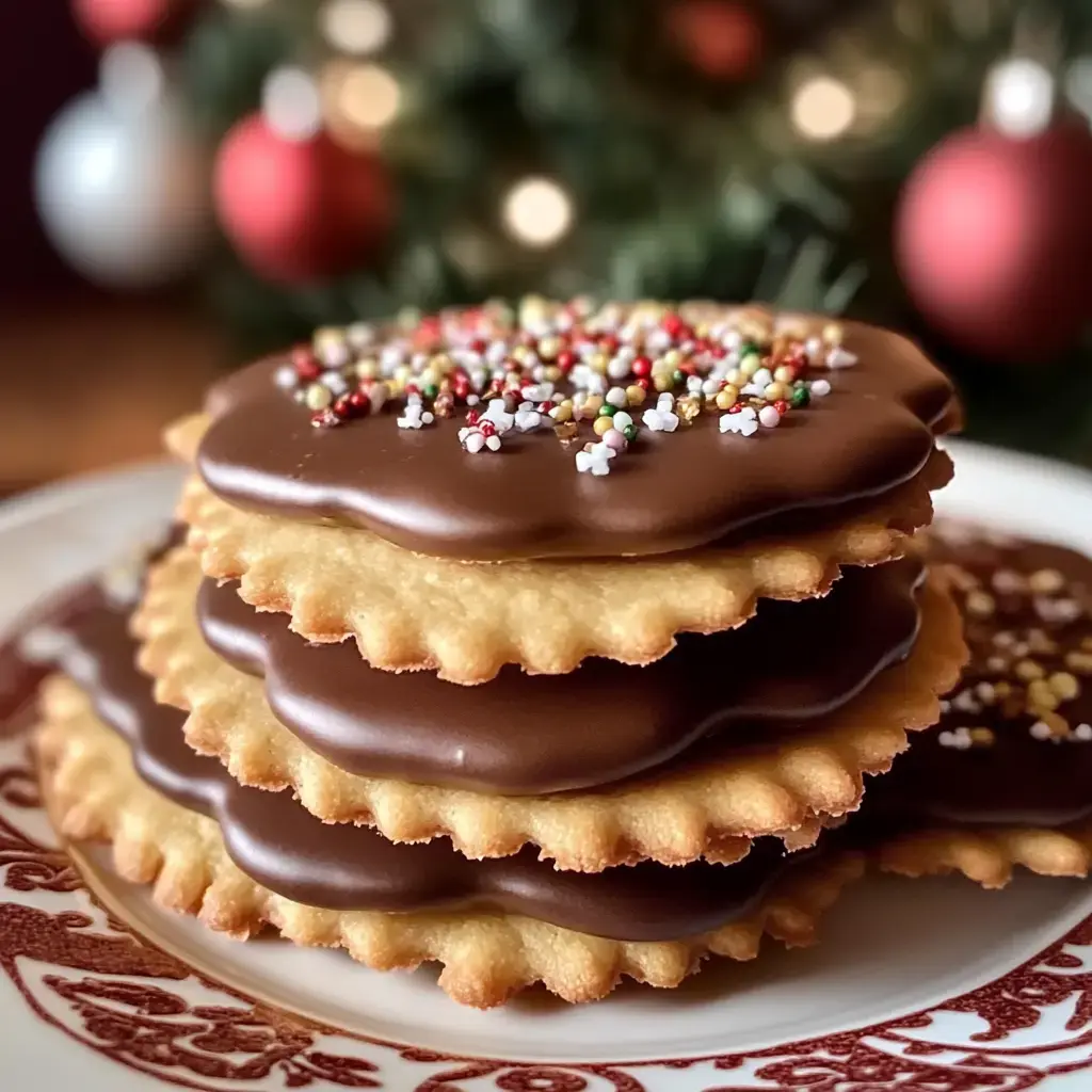 Pile de biscuits enrobés de chocolat et perles colorées, sur fond festif avec décos de fêtes.