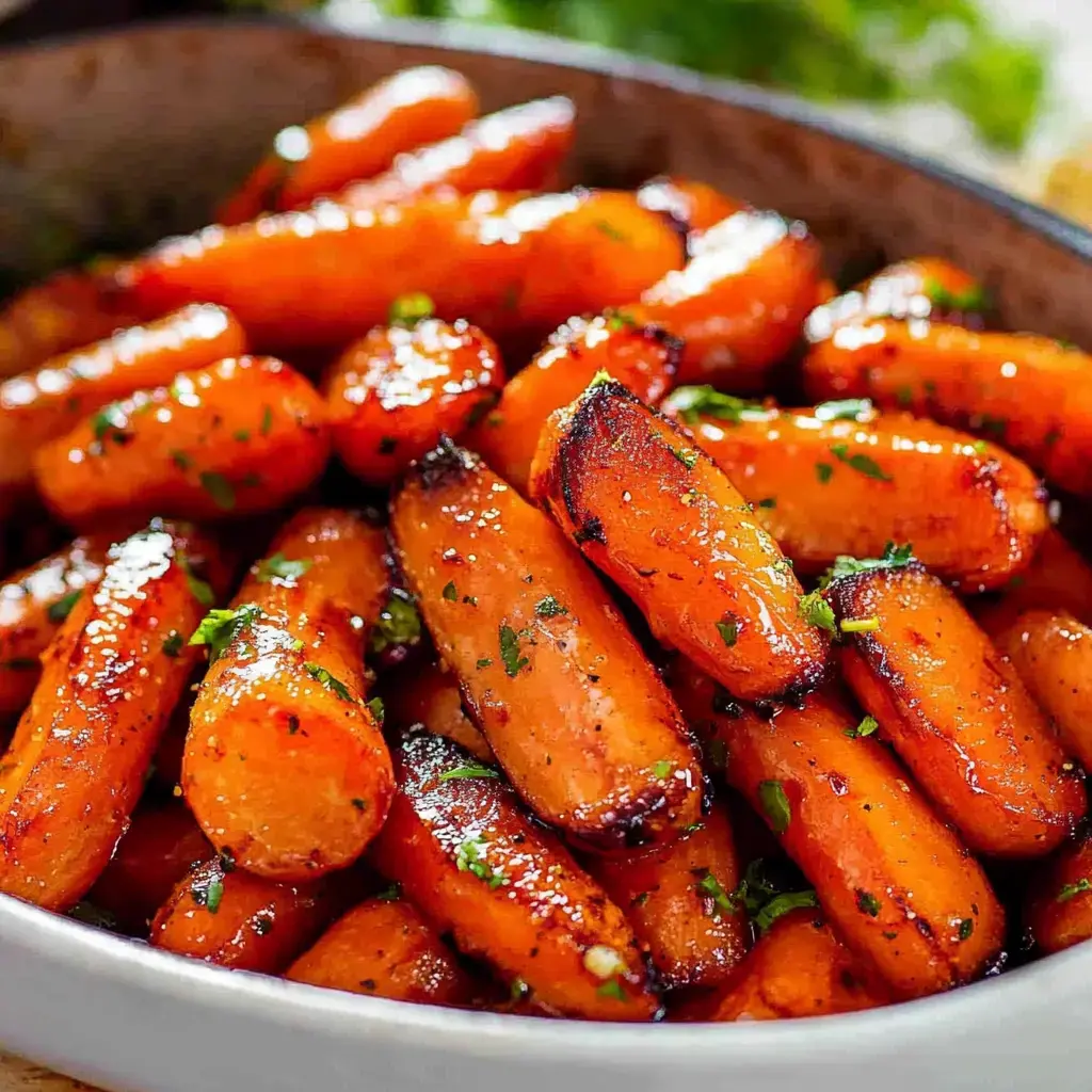 Un gros plan de carottes rôties brillantes garnies d'herbes fraîches dans un bol de service blanc.