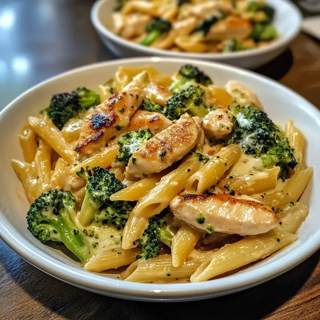 Un bol de pates cremeuses avec poulet grille et brocoli.