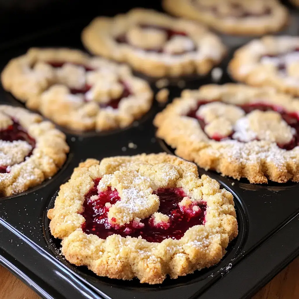 Un plateau de biscuits frais garnis de fruits avec une garniture friable, saupoudrés de sucre glace.