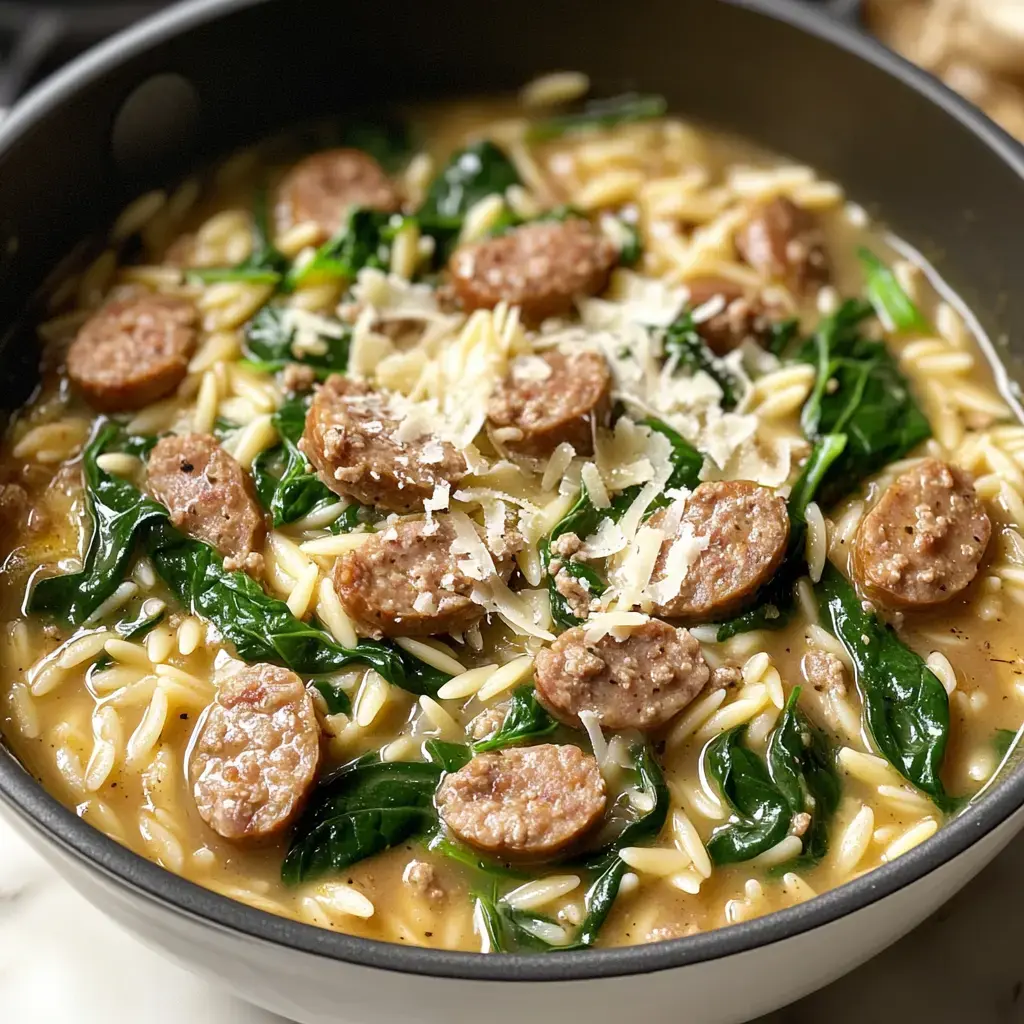 Gros plan d'un orzo crémeux avec des rondelles de saucisse, épinards frais et fromage râpé sur le dessus.
