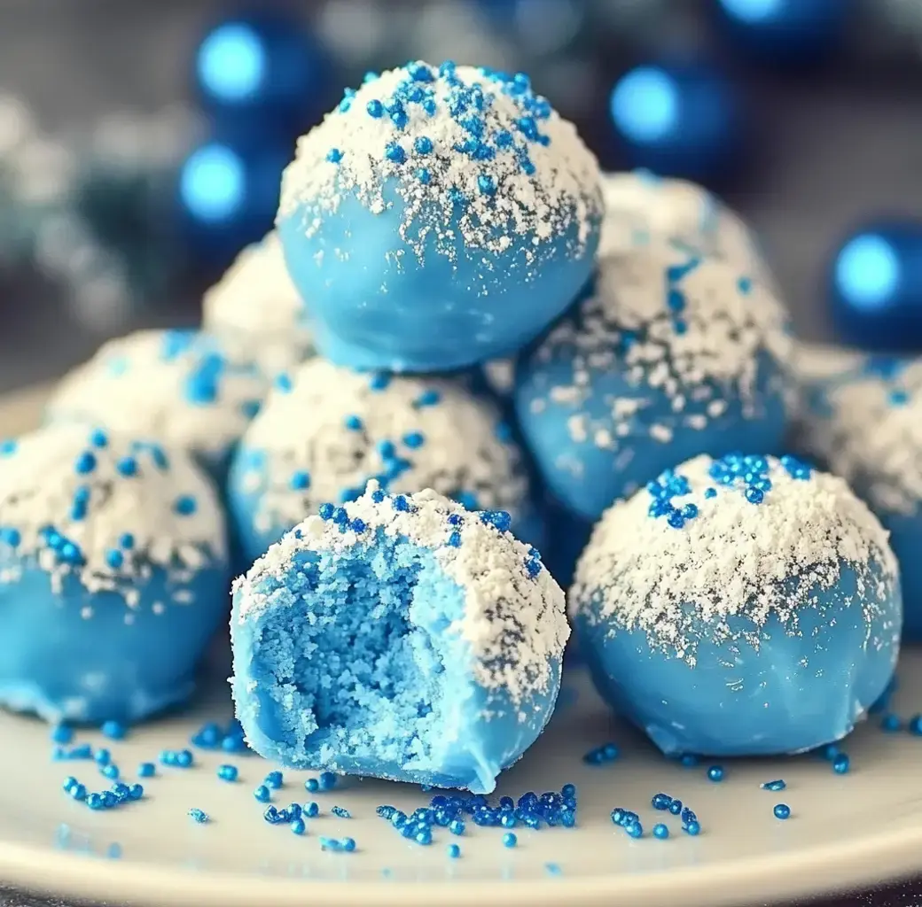 Assiette de boules bleu ciel roulées dans des perles sucrées blanches et du sucre bleu, une entamée laissant voir l’intérieur coloré.