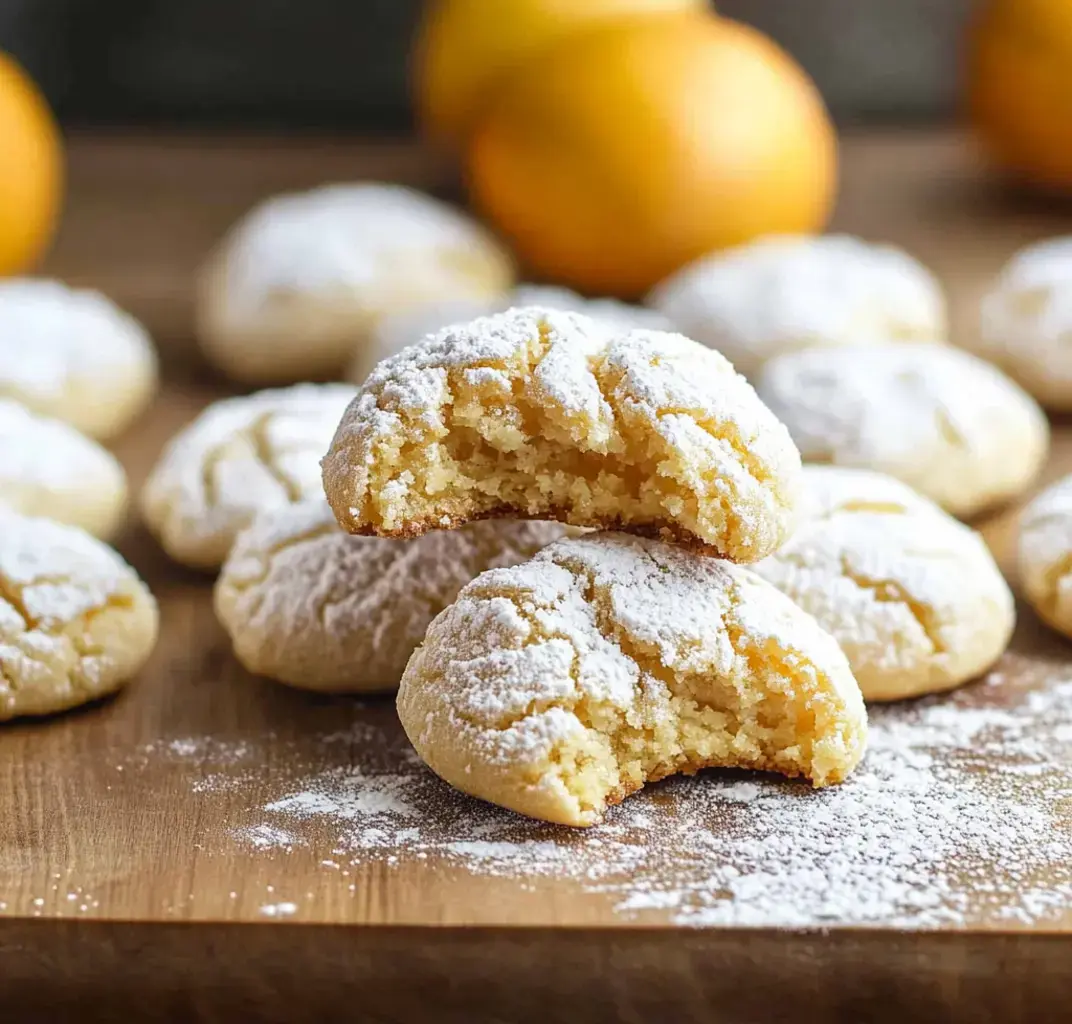 Un tas de biscuits saupoudrés de sucre glace avec une bouchée prise du biscuit du dessus est présenté sur une surface en bois, avec des oranges floues en arrière-plan.