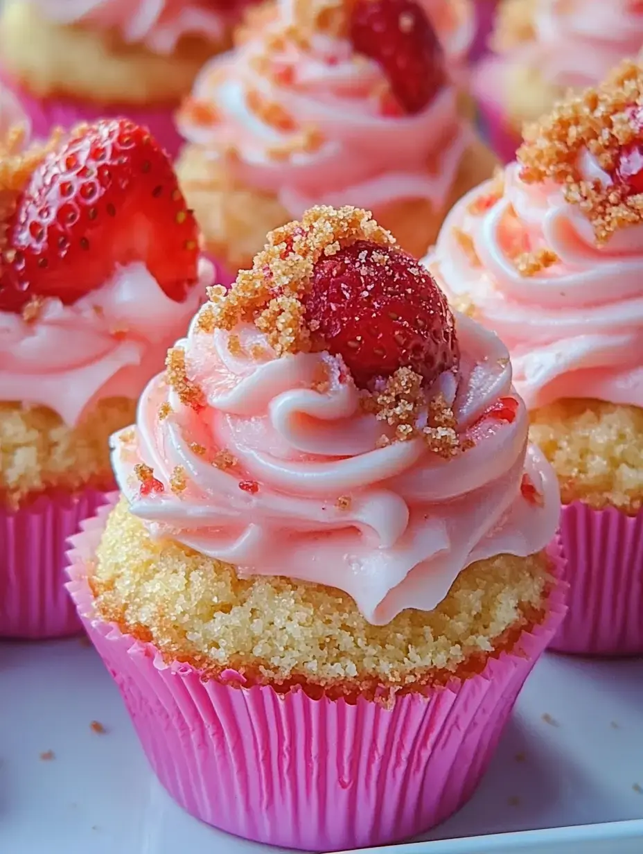 Gros plan sur des cupcakes décorés, glaçage rose, miettes croquantes et fraises fraîches dans des caissettes roses.