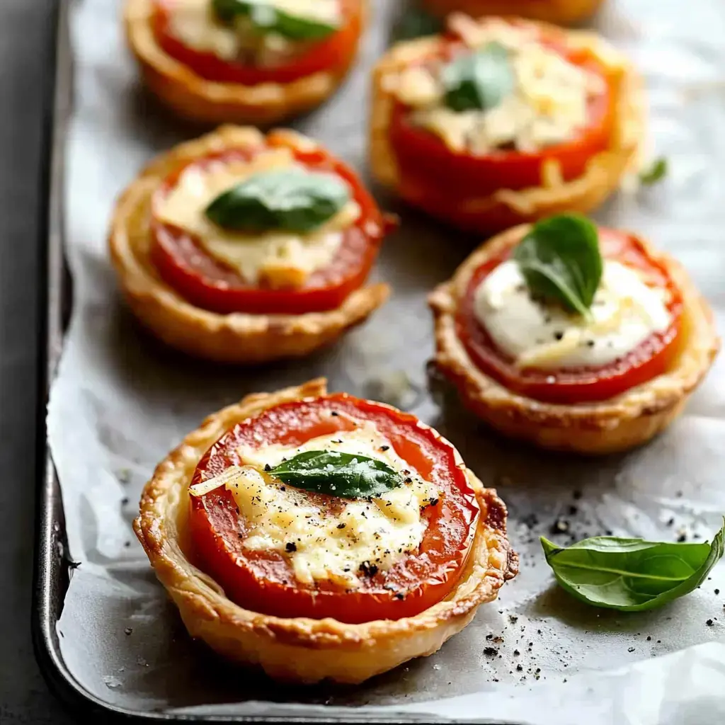 Six mini tartelettes aux tomates et fromage sont disposées sur une plaque de cuisson, garnies de feuilles de basilic frais.
