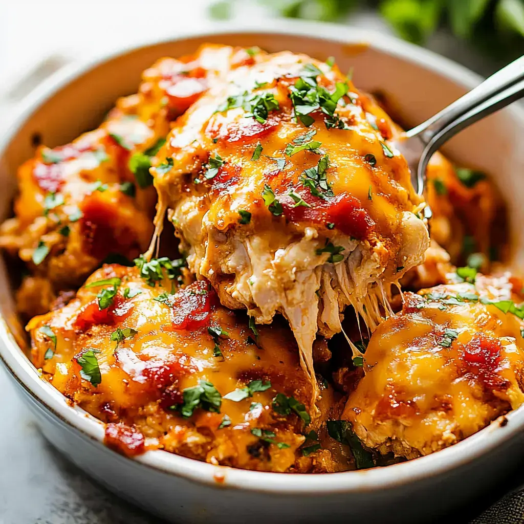 Une portion de poulet gratiné, garni de sauce tomate et d'herbes dans un plat.