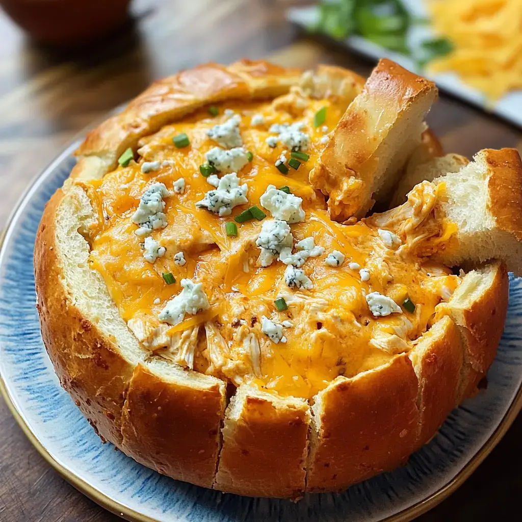 Dip au poulet crémeux servi dans une boule de pain évidée, garni de fromage bleu et d'oignons verts.