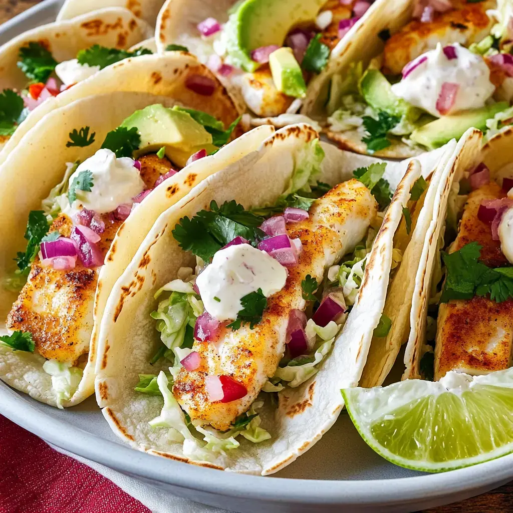 Un plateau de tacos au poisson garnis de poisson grillé, laitue, avocat, oignons rouges émincés, coriandre et une noisette de sauce crémeuse, décoré de quartiers de citron vert.