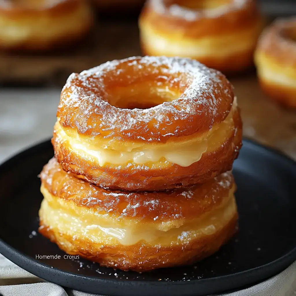 Deux cronuts fourrés à la crème saupoudrés de sucre glace sur assiette noire.