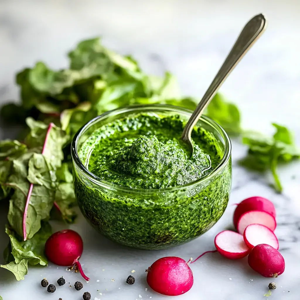 Un bol en verre de pesto vert vif entouré de feuilles fraîches et de radis rouge brillant.
