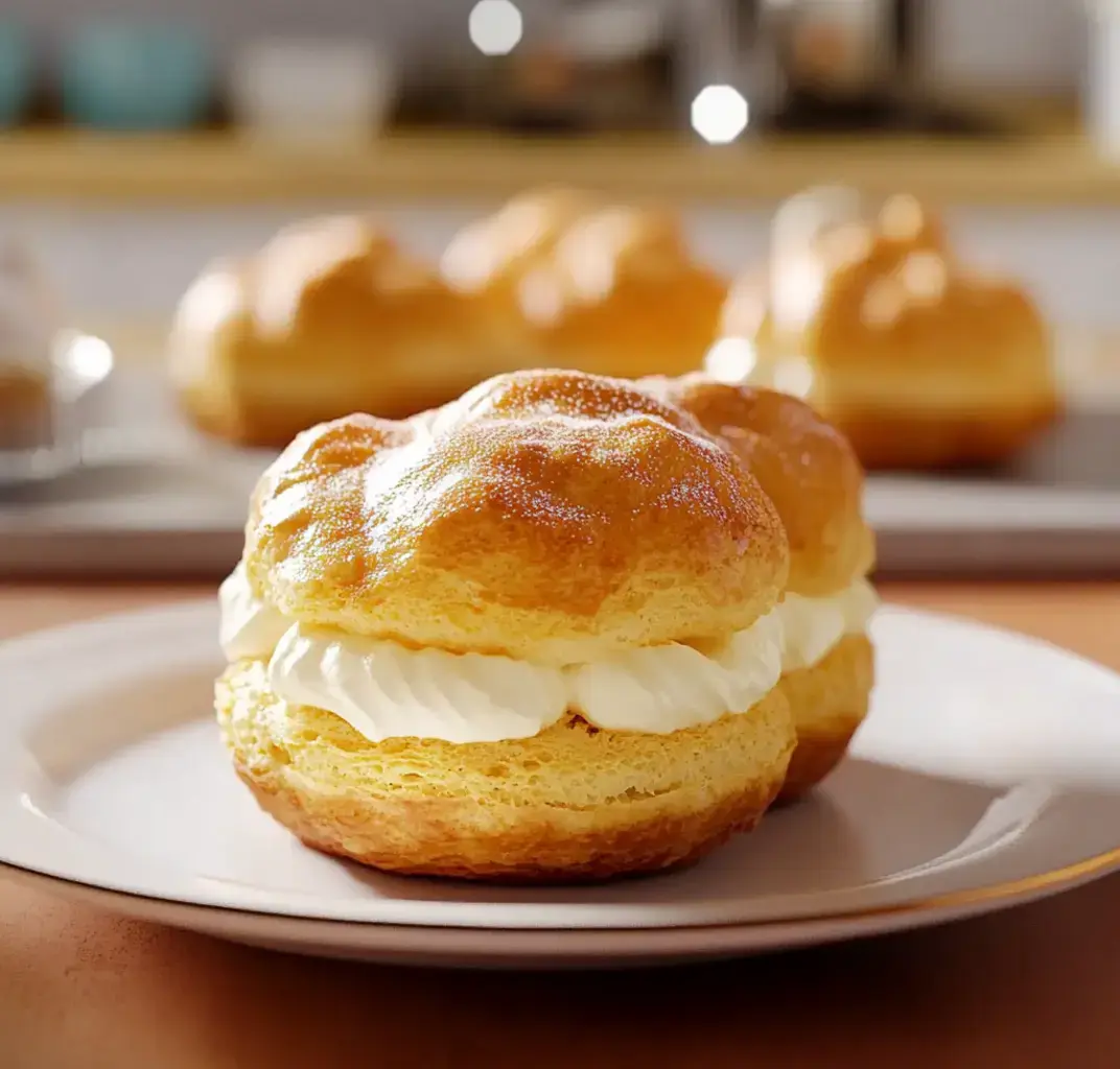 Un chou garni de creme sur une assiette, d'autres a l'arriere-plan, effet flou.