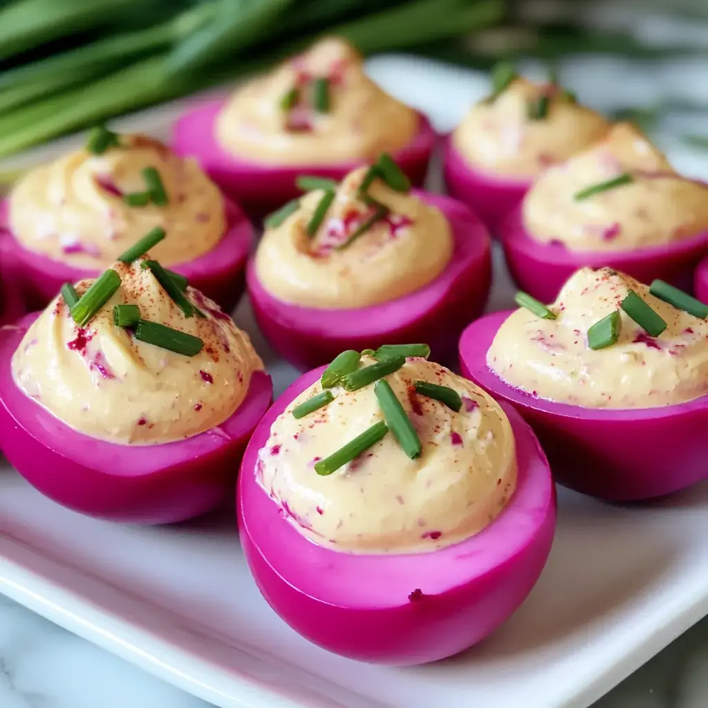 Gros plan sur des oeufs roses farcis à la garniture crémeuse, ciboulette et épices, posés sur un plat blanc.