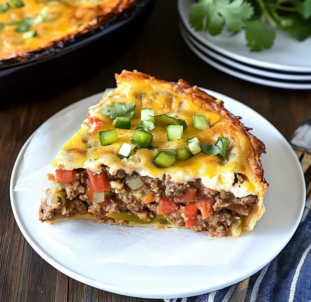 Une part de casserole fromagée garnie de poivrons verts hachés et de coriandre, servie sur une assiette blanche.