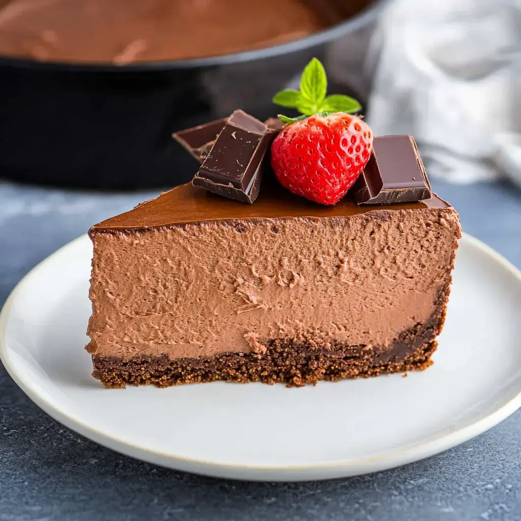 Une part de gâteau fromage au chocolat garnie d'une fraise fraîche et de carrés de chocolat sur une assiette blanche.