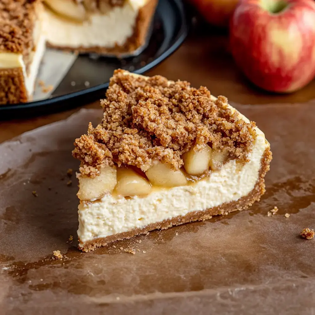 Une part de cheesecake aux pommes garnie d'un streusel friable posée sur un morceau de papier, avec des pommes entières en arrière-plan.